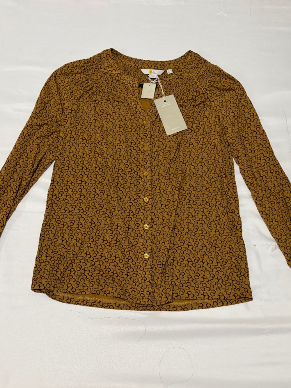 NWT Boden Mustard Yellow Viscose Printed Button Down Long Sleeve Blouse Size 6